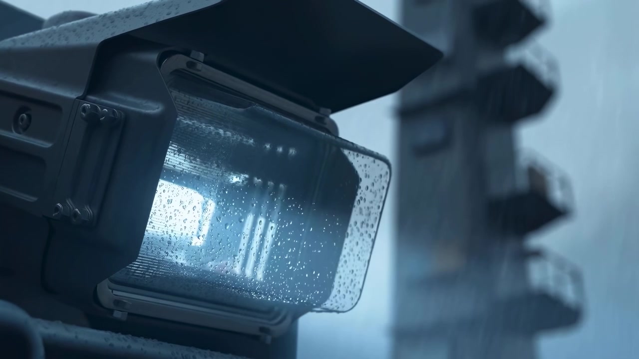Un primo piano a metà inquadratura mostra l'alloggiamento di una telecamera di sorveglianza sotto vetro bagnato in una città piovosa.