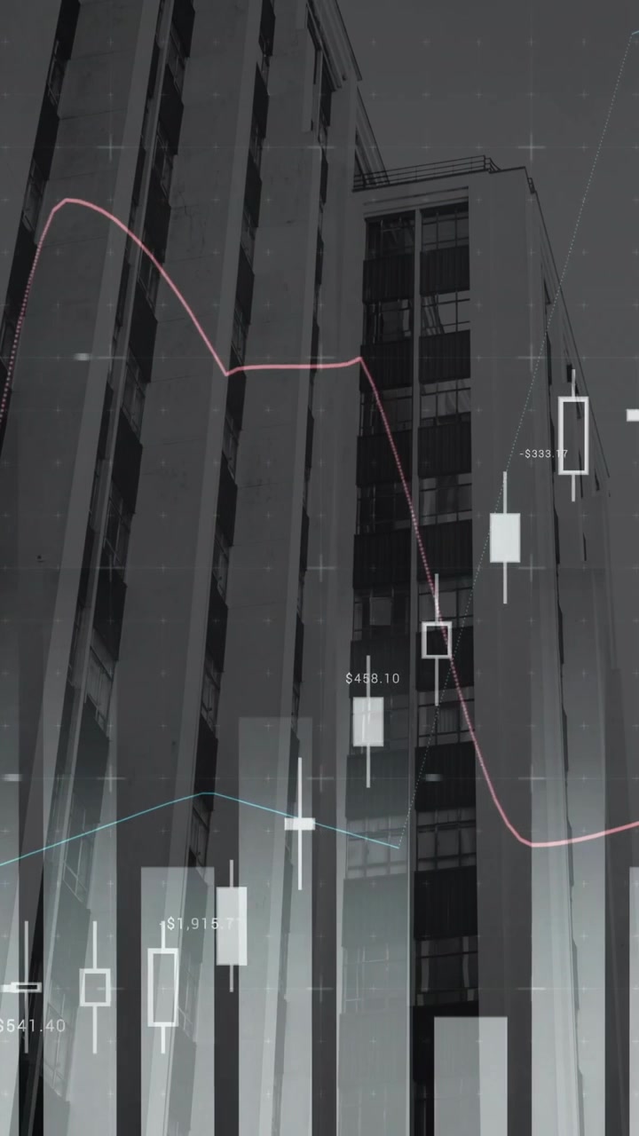 Animation von Datenverarbeitung und Diagrammen über einer Stadtlandschaft.