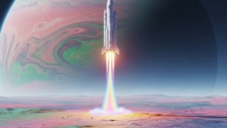 a stunning rocket launch on an alien planet with vibrant jet streams illuminating the atmosphere, against a distant colorful gas giant