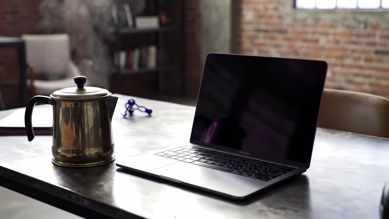 A Serene Workspace Featuring a Sleek Laptop and a Vintage Coffee Pot, Perfect for Inspiring Creativity and Focus in a Modern Environment