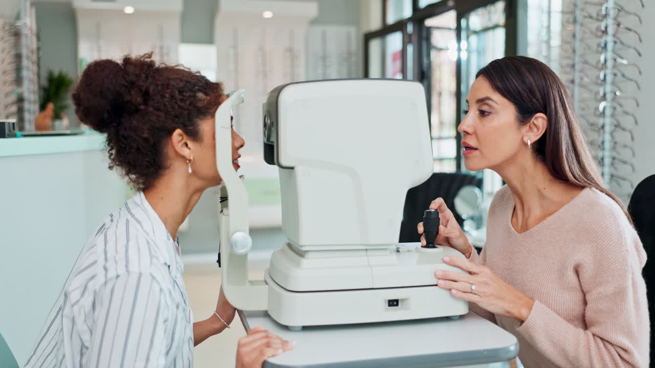 Eye exam with autorefractor in optometry clinic