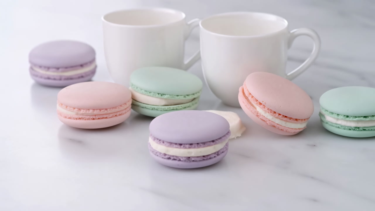 Colorful Pastel Macarons and White Mugs on Marble Table