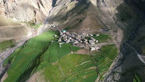 Antena-De-Un-Remoto-Pueblo-De-Montaña-Con-Exuberantes-Tierras-De-Cultivo-Verdes-En-Pin-Valley-India-Durante-El-Verano