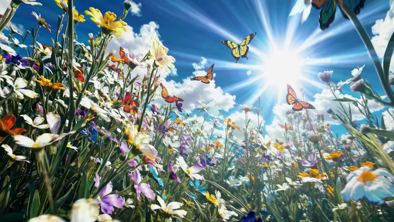 Vibrant video scene of butterflies in a colorful flower field under a bright sun