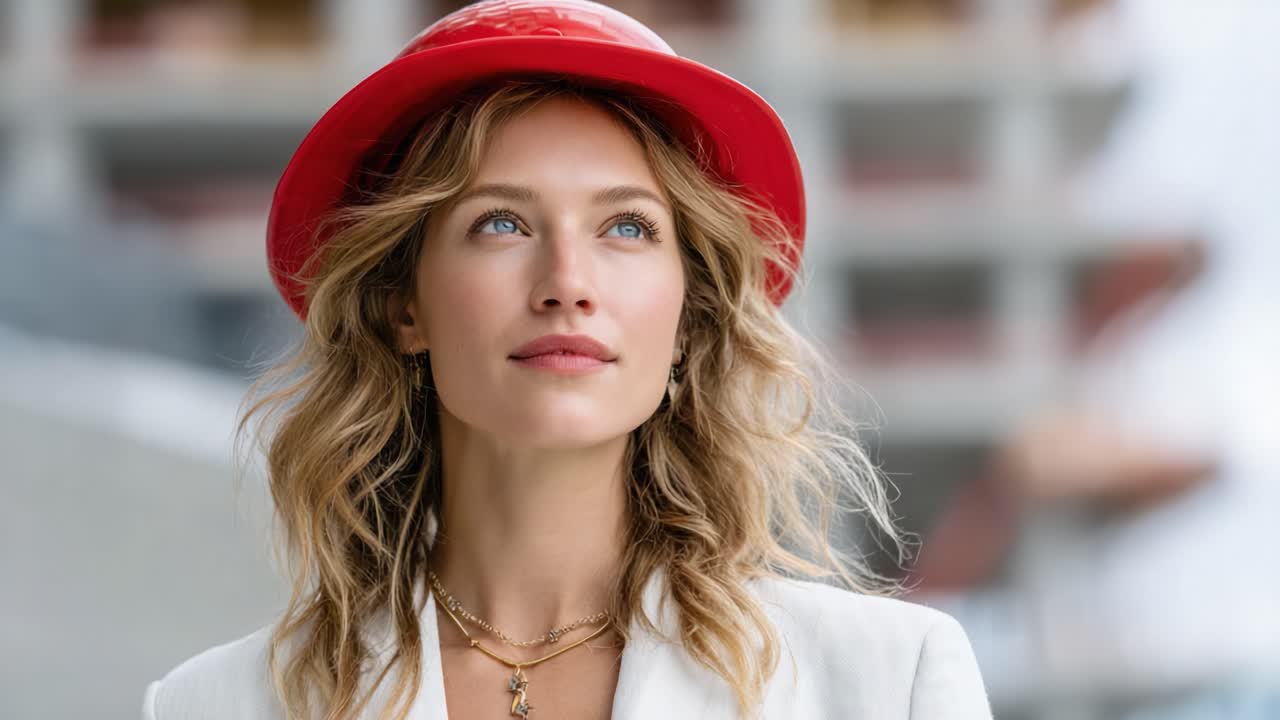 A Bright and Stylish Woman in a Red Hat Exudes Confidence and Charm Amidst a Modern Urban Background, Capturing the Essence of Fashion and Elegance in Every Detail