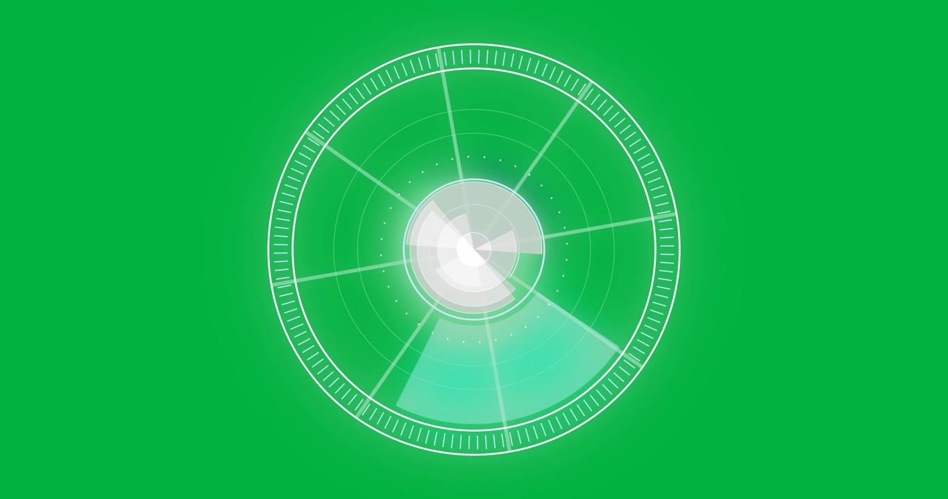 Animation of green and white scope scanning and spinning on black background