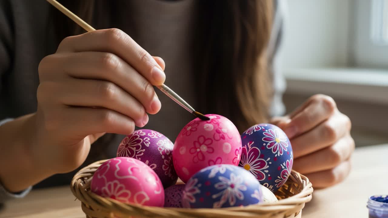 A Creative Display of Art as a Person Carefully Paints Colorful Easter Eggs in a Basket, Showcasing Skillful Techniques and Vibrant Floral Patterns