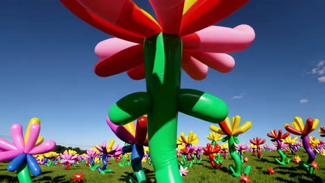 a field of vibrant balloon flowers under a blue sky