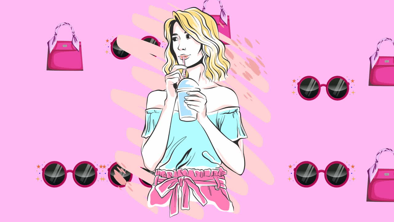 ⁇ 드백과 안경 아이콘의 애니메이션과 보라색 배경에 모델 음료  ⁇ 이크