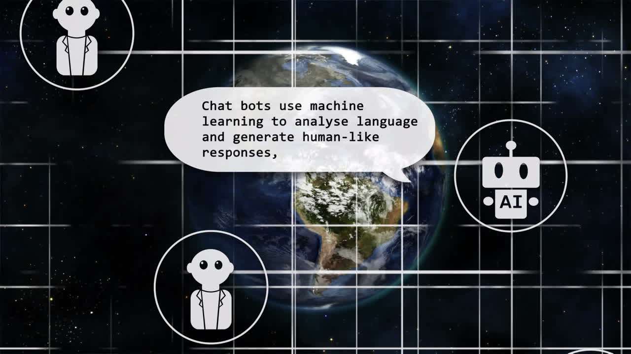 전 세계와 그리드에 대한 채팅과 데이터 처리의 애니메이션