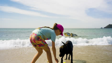 girl playing fetch with dog on beach