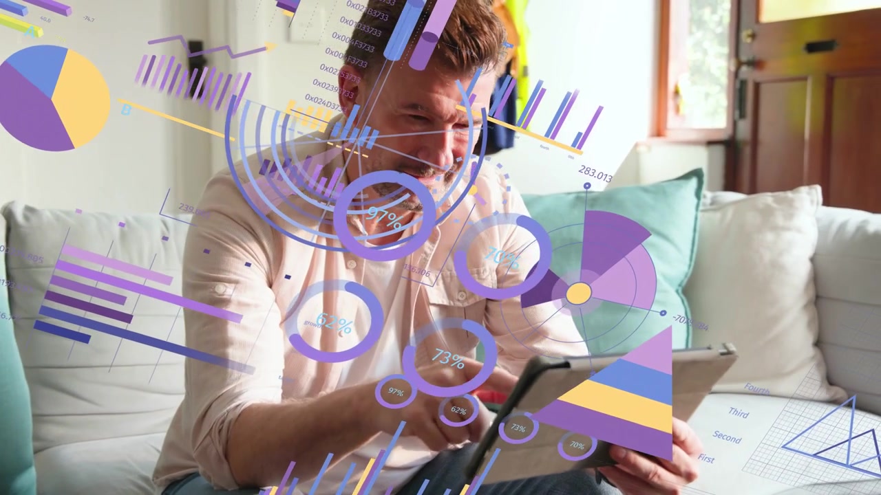 Man on sofa reacting with right fist, tapping tablet, reviewing finance data as charts aligning
