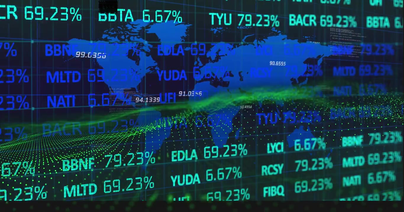 Animation of numbers changing and data processing with globe and world map