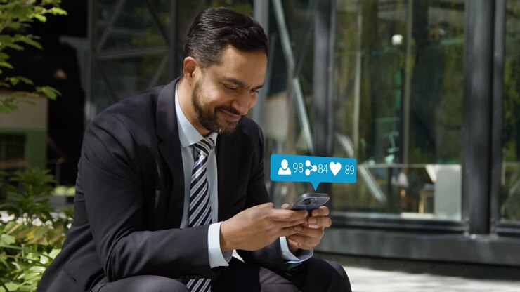 Uomo d'affari seduto fuori dagli uffici della città che guarda il telefono cellulare con grafica in movimento che mostra molteplici notifiche di networking, messaggistica e social media