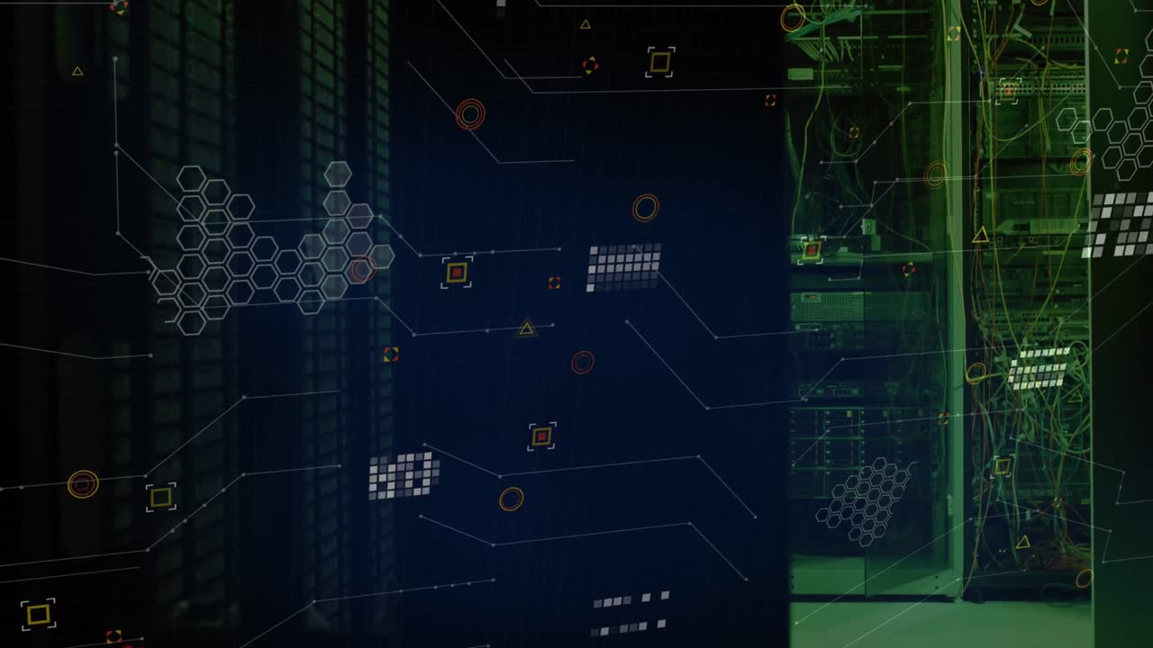 Animation of multiple lines and geometric symbols over data server rack