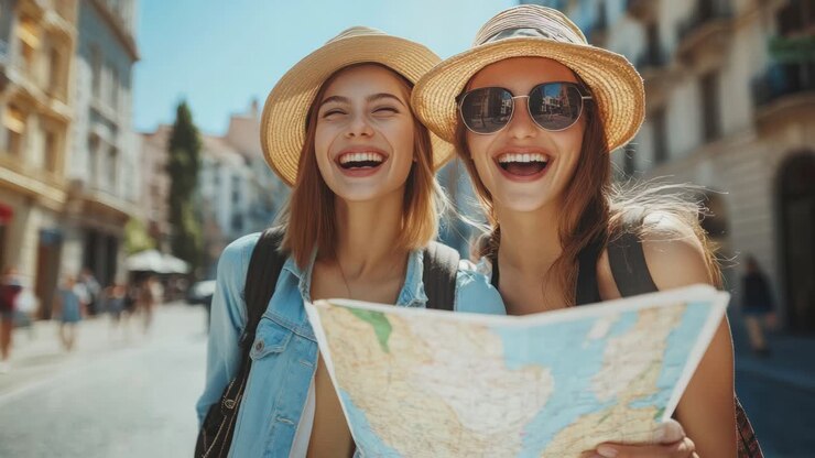 Zwei Freunde erkunden eine Stadt mit einer Karte, aufgenommen aus einem niedrigen Winkel