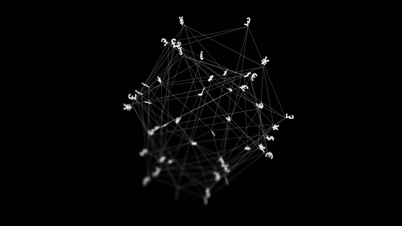 Animation of connections with currency signs and data processing over black background
