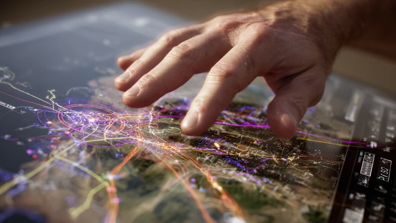 Interactive Exploration of a Digital Map: An Individual Engaging with Colorful Data Visualization on a Touchscreen Interface, Highlighting Complex Information Dynamics