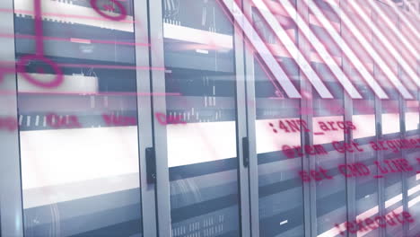 animación de gráficos, globos y lenguaje informático contra la sala de servidores en segundo plano