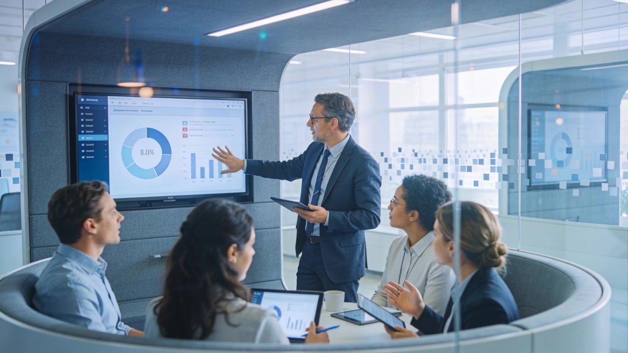 Tapping tablet, suited presenter presenting data on donut chart in glass pod, team checking tablets