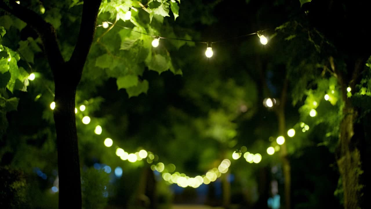 Starting from blur, camera pulling focus forward, revealing warm green bulbs over leafy walkway