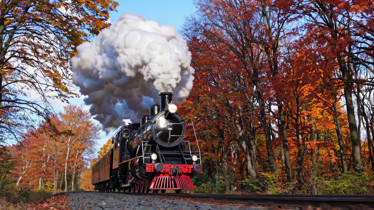 Low-angle video still of a vintage steam train in autumn, surrounded by vibrant fall foliage