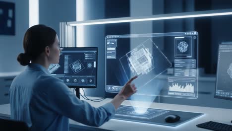 a professional working in a modern office collaborates with futuristic holographic displays while analyzing data using advanced technology and interactive touchscreen interfaces.