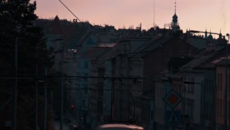 Prague-tram-crossing-down-the-street-eveving-light-near-Krimska