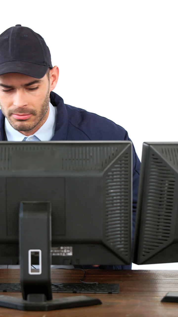 guardia de seguridad viendo imágenes de cctv en la computadora