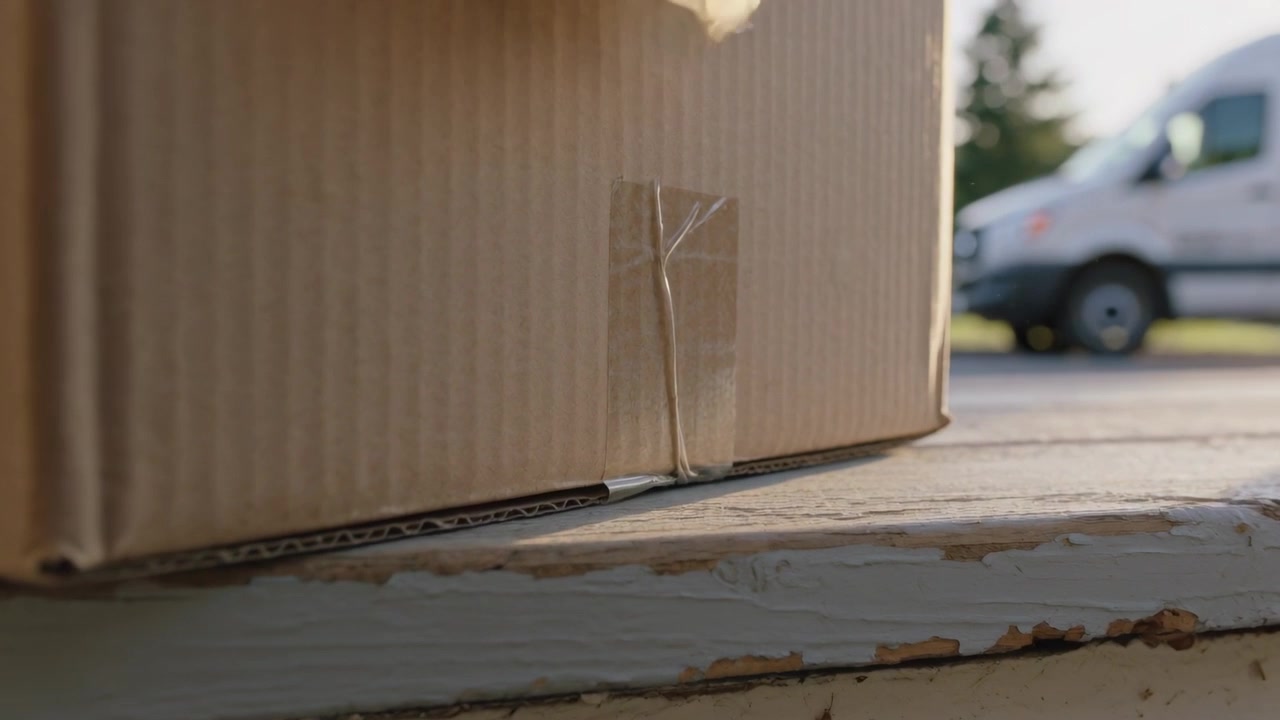 White van parking, gloved hand reaching, delivering cardboard parcel with clear tape onto worn step
