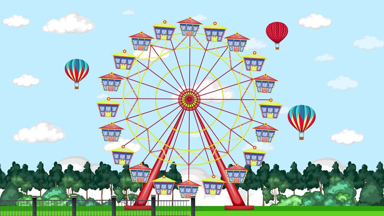 회전하는 페리스 과 함께 다채로운 놀이 공원 장면.