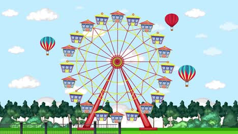 una escena colorida en un parque de atracciones con una rueda de ferris giratoria.