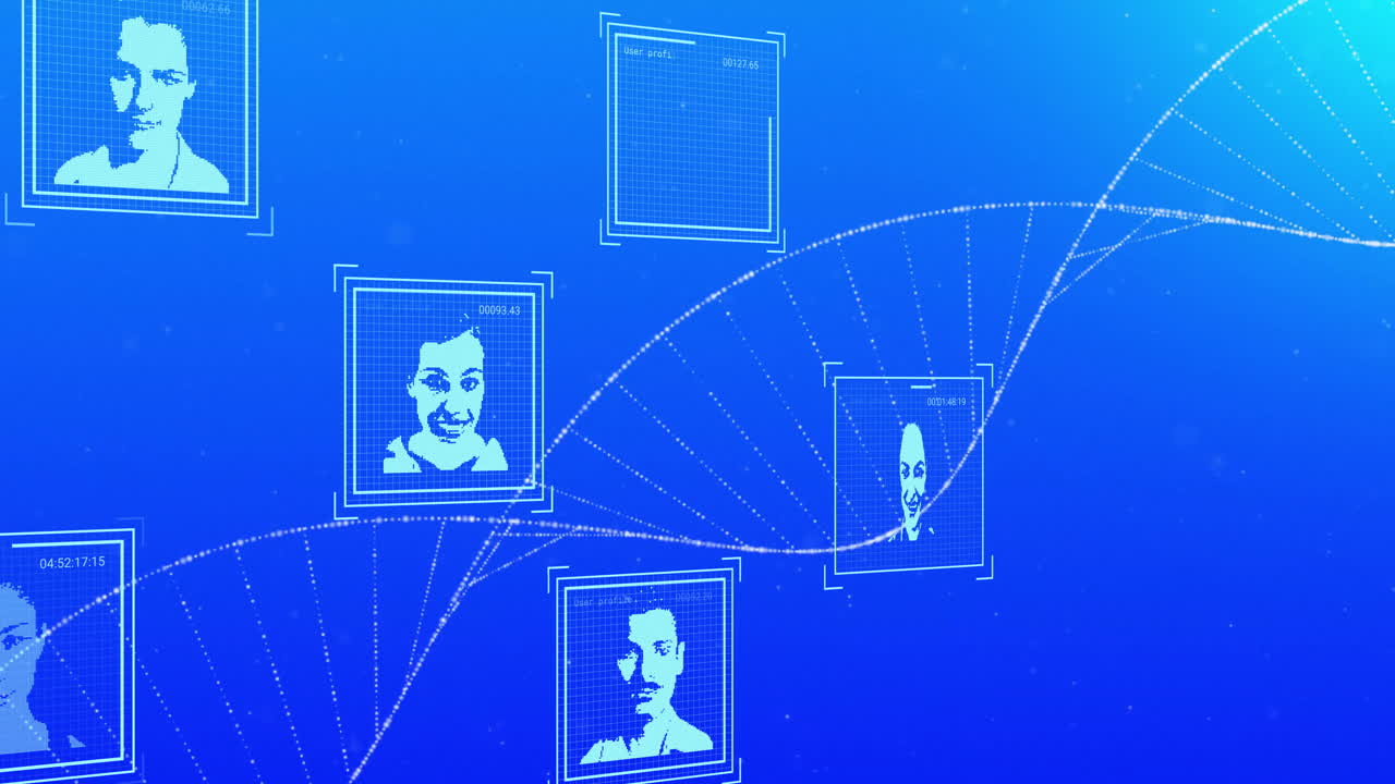 днк-поток, соединяющий цифровые портреты, анимация анализа генетических данных