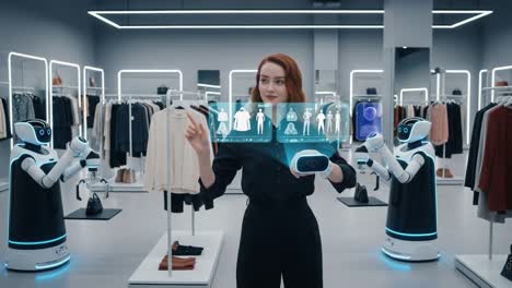 a futuristic retail experience: an innovative blend of technology and fashion as a woman interacts with intelligent robots in a stylish store.