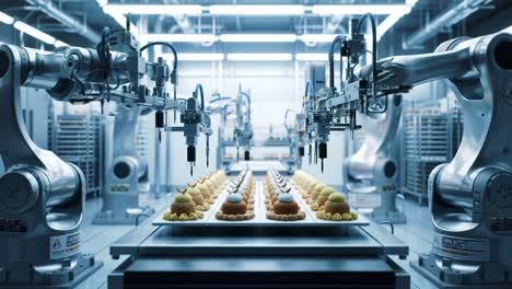 in a high-tech baking facility, robotic arms precisely assemble pastries with intricate designs. the automated process demonstrates innovative food production methods in a controlled environment.