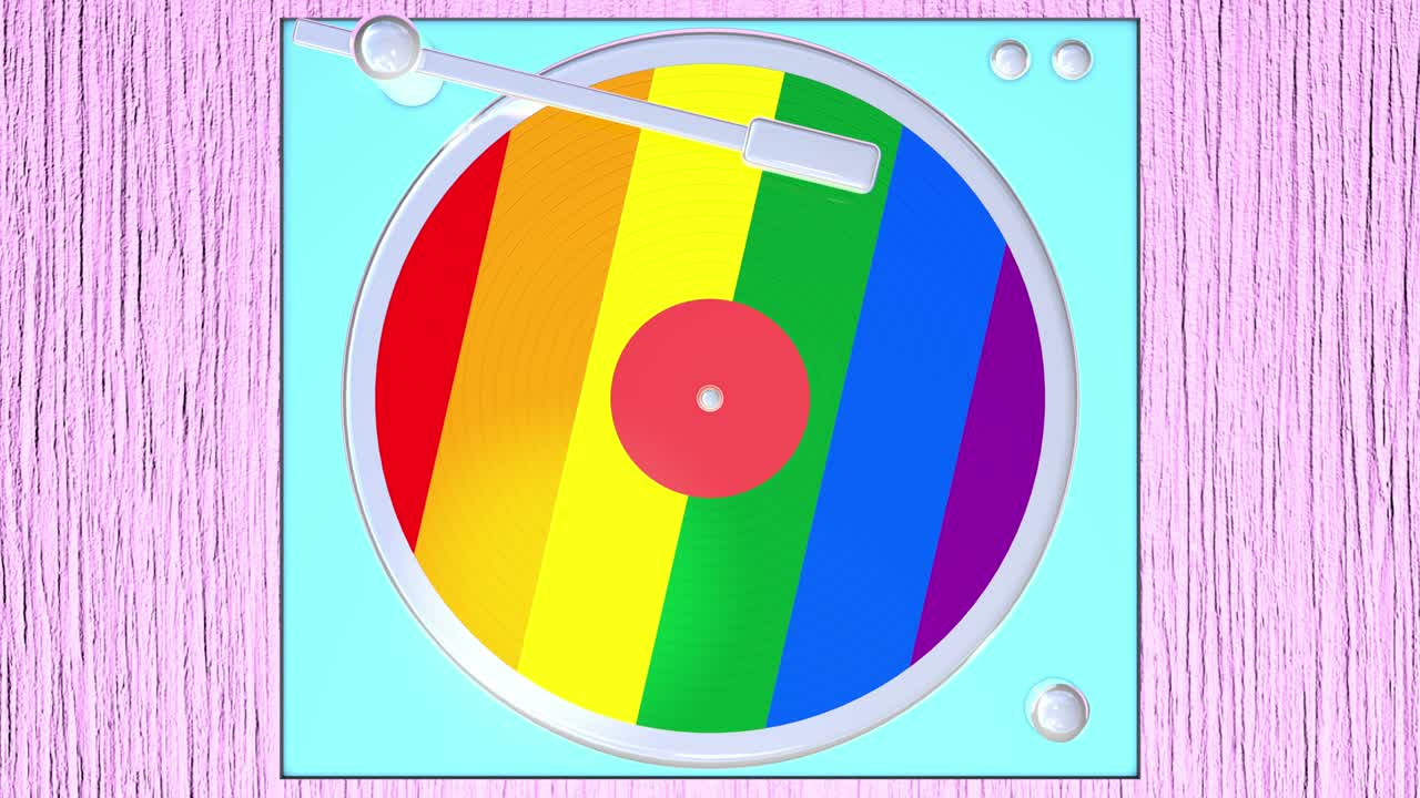 Contemporary art of gramophone with vinyl record (lgbt flag texture). Looped 3D animation.