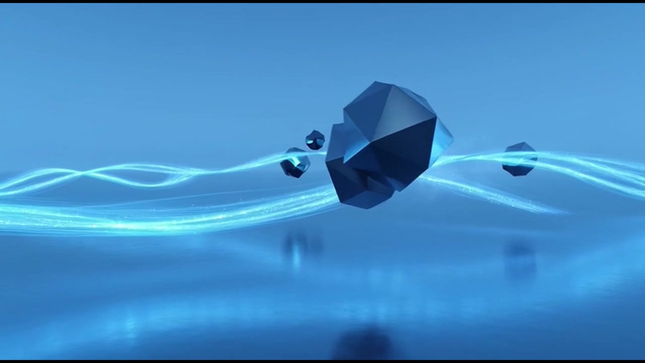 Abstraktní 3D geometrické tvary vznášející se nad zářícími modrými světelnými vlnami