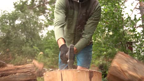 splitting a wooden log in half with an axe