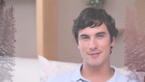 animación de un hombre sonriente relajándose en casa, sobre los árboles al sol