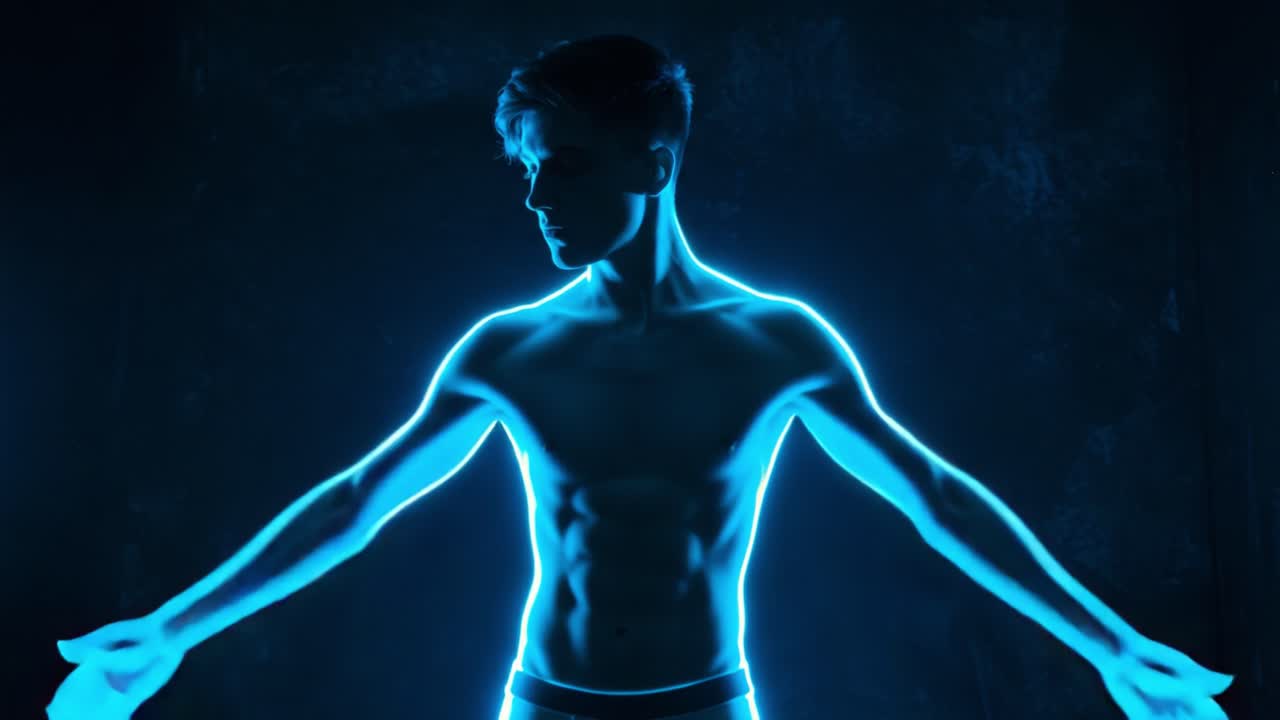 A striking visual representation featuring a figure bathed in a brilliant blue light, highlighting the contours of the human form against a dark, textured background