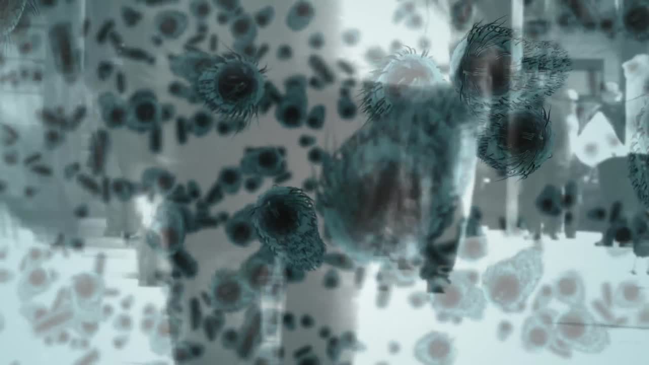 animación de virus de la corona azul y bacterias con personas en el fondo