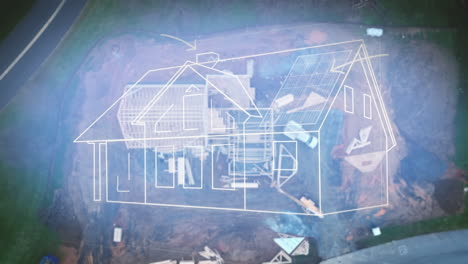 animation of house blueprints overlay on top real home construction site in america