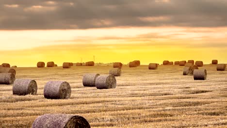 golden sunrise over farm field with hay bales