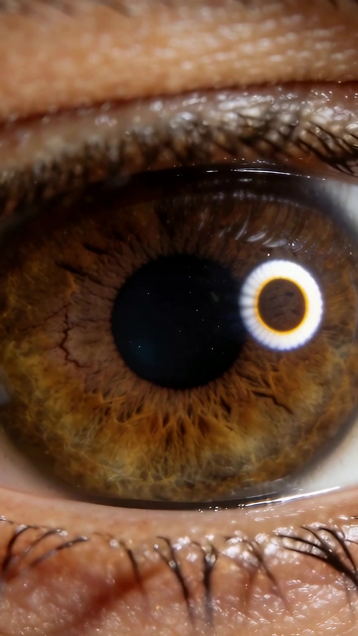 Video verticale: Occhio nocciola centrato in primo piano, pupilla che si restringe reagendo a una ring light in macro.