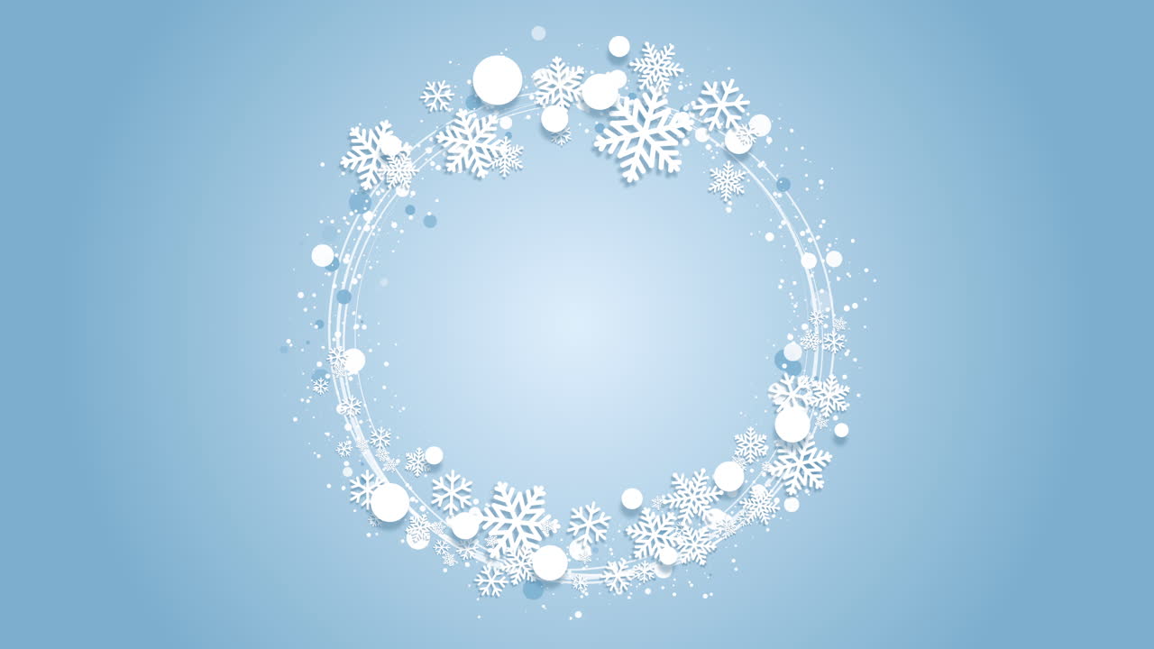 Winter round frame of snowflakes on blue loop background. Copy space. Paper cut pattern.