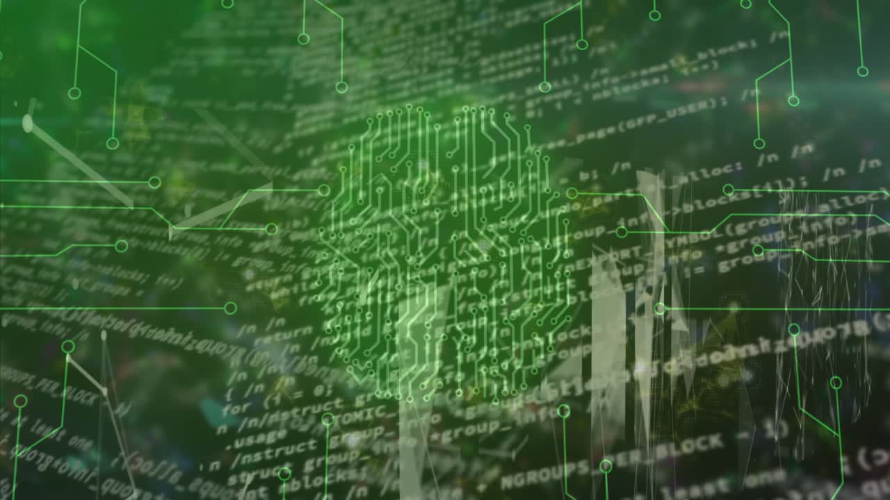 With scrolling code, circuit lines forming pulsing brain network dissolving back into code