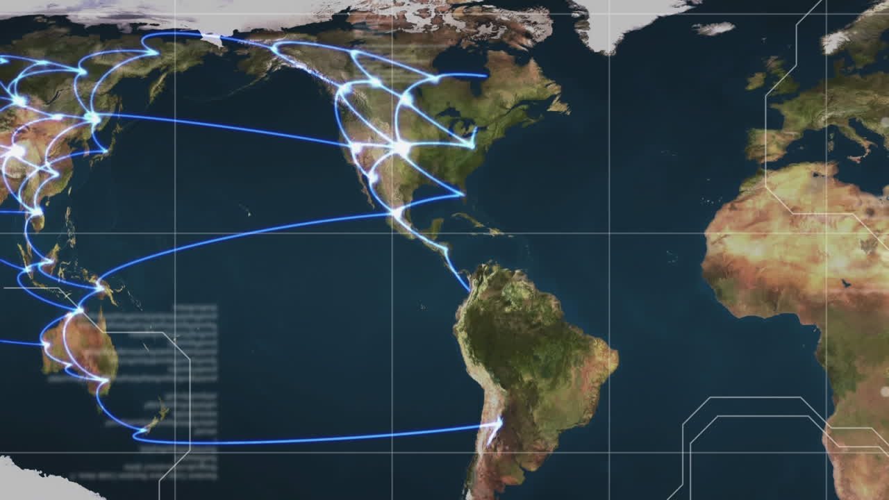 animación del procesamiento de datos y la red de conexiones en el mapa del mundo