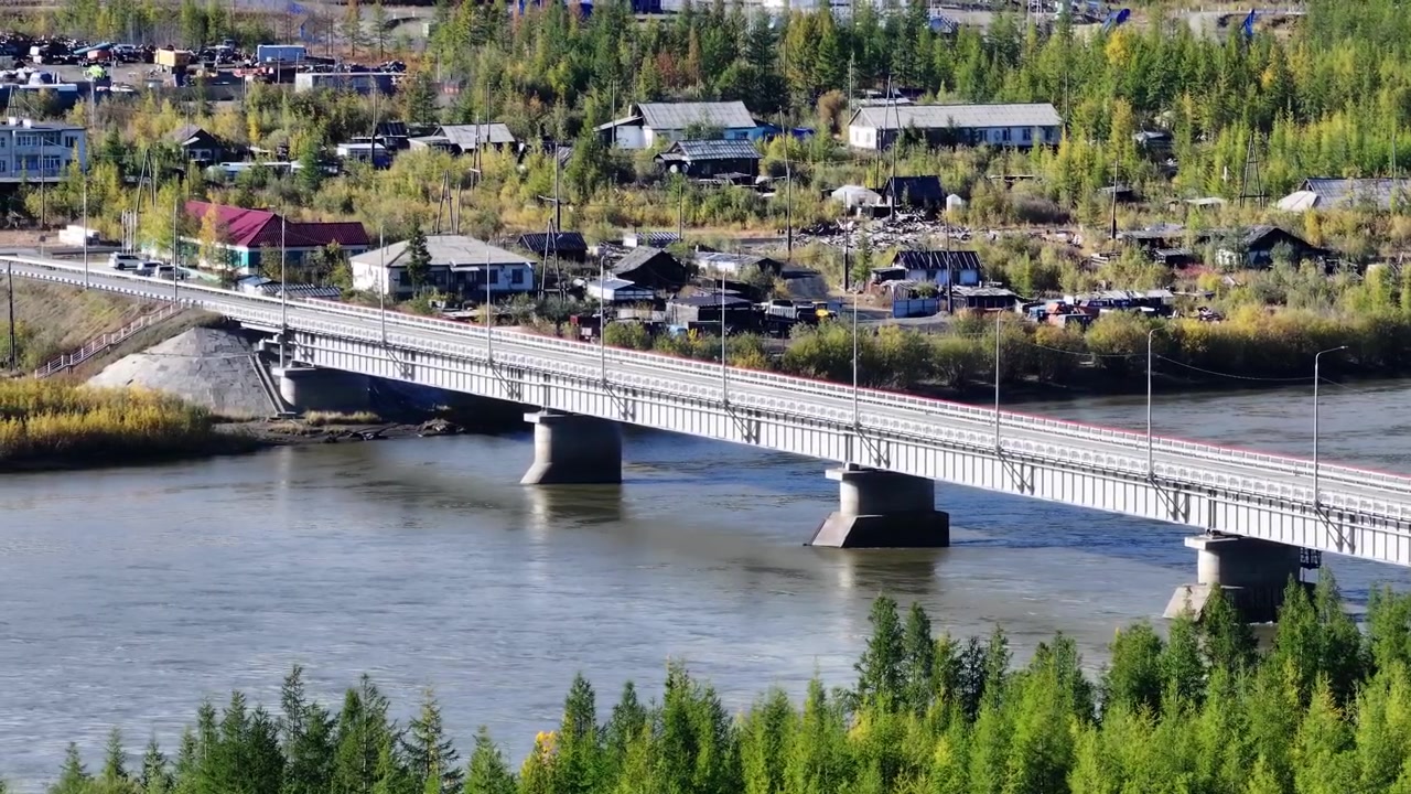 Un lungo ponte bianco con supporti in cemento attraversa un fiume ampio e increspato, collegando una piccola città immersa tra alberi verdi e dai colori autunnali. I veicoli si muovono costantemente attraverso la struttura mentre sparsi
