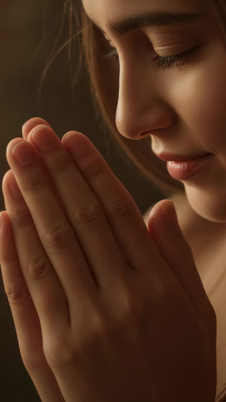 Vertical video: Pressing palms, teen girl praying with eyes shut at home in neutral top, tight crop