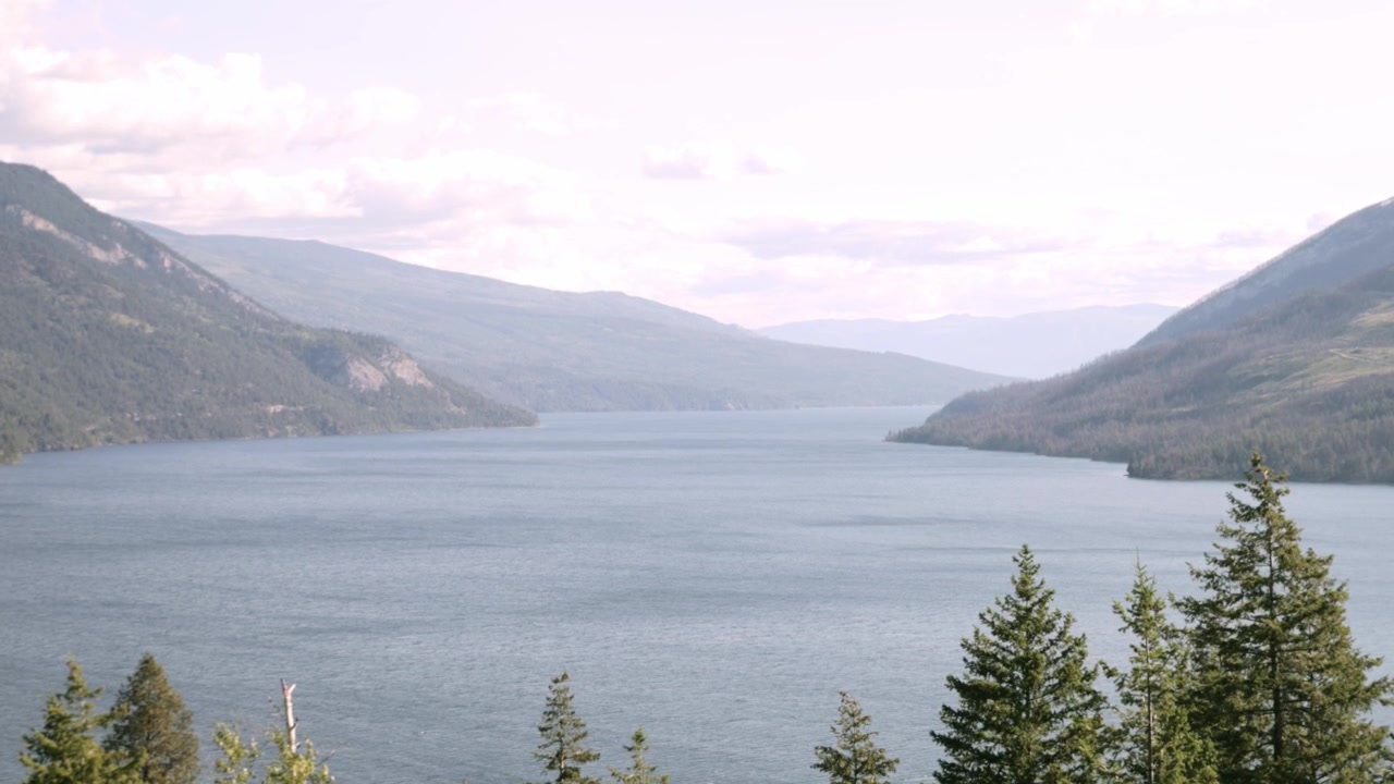 En bred udsigt over Adams Lake viser roligt vand indrammet af stedsegrønne træer, med skovklædte bjerge, der forsvinder i let dis på en røgfyldt dag i British Columbia.